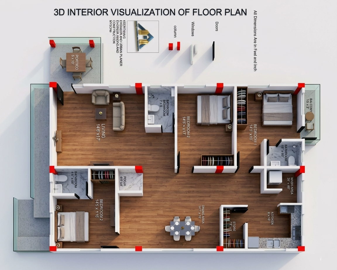 3BHK house floor plan design with 3D interior visualization in Mysore